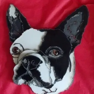 Boston Terrier portrait. Plasma cut from car and truck hoods.